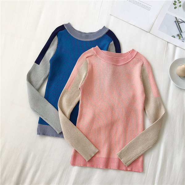 Modern női blúz kék és rózsaszín színben, O-nyakkal