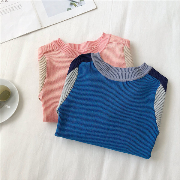 Modern női blúz kék és rózsaszín színben, O-nyakkal