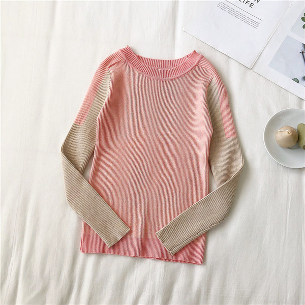 Modern női blúz kék és rózsaszín színben, O-nyakkal