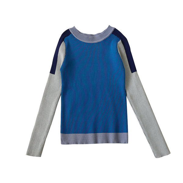 Modern női blúz kék és rózsaszín színben, O-nyakkal