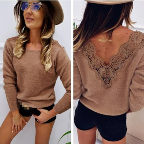 Modern női pulóver barna csipkével