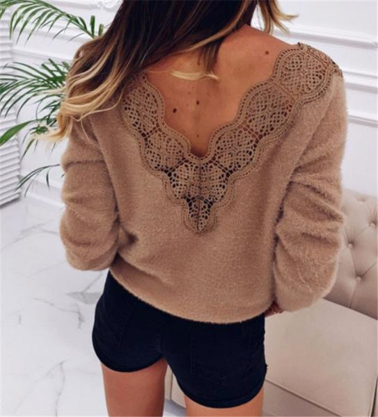 Modern női pulóver barna csipkével