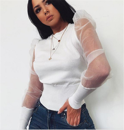 Modern női blúz, széles tüll ujjú fehér és fekete színben