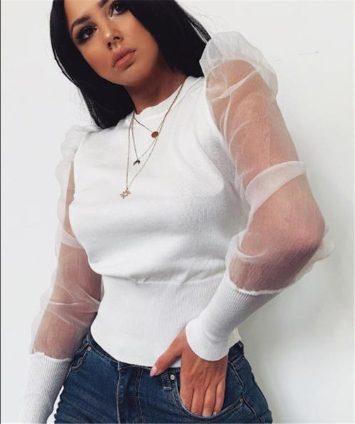 Modern női blúz, széles tüll ujjú fehér és fekete színben