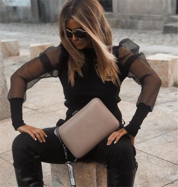 Modern női blúz, széles tüll ujjú fehér és fekete színben