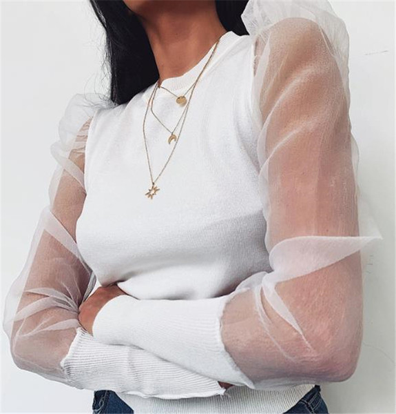 Modern női blúz, széles tüll ujjú fehér és fekete színben