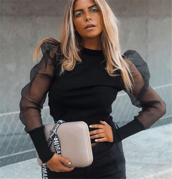 Modern női blúz, széles tüll ujjú fehér és fekete színben