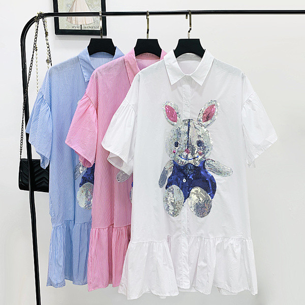 Női csíkos ing - hosszú modell kék, fehér és piros flitterekkel