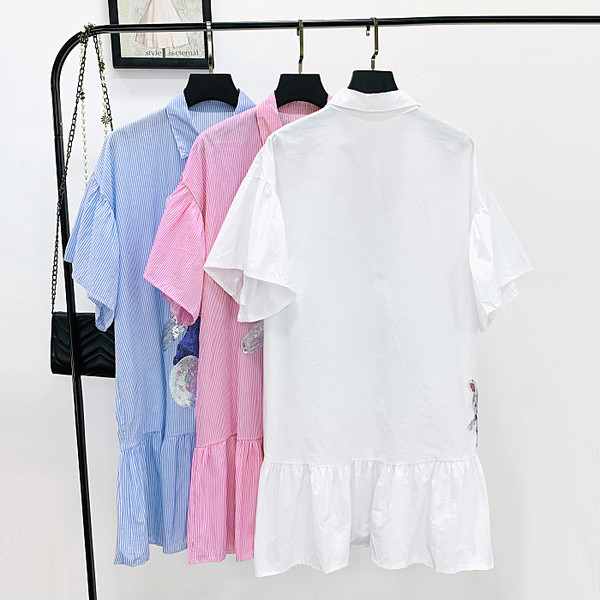 Női csíkos ing - hosszú modell kék, fehér és piros flitterekkel