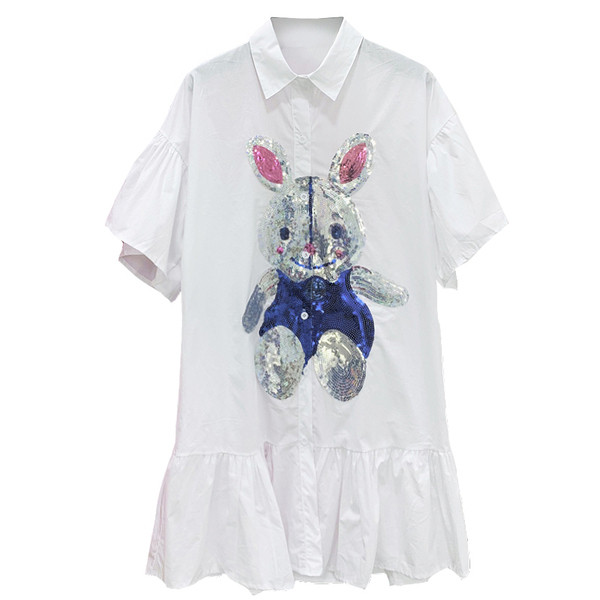 Női csíkos ing - hosszú modell kék, fehér és piros flitterekkel