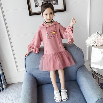 Нов модел модерна детска рокля с качулка и пола от тюл в сив,розов и син цвят