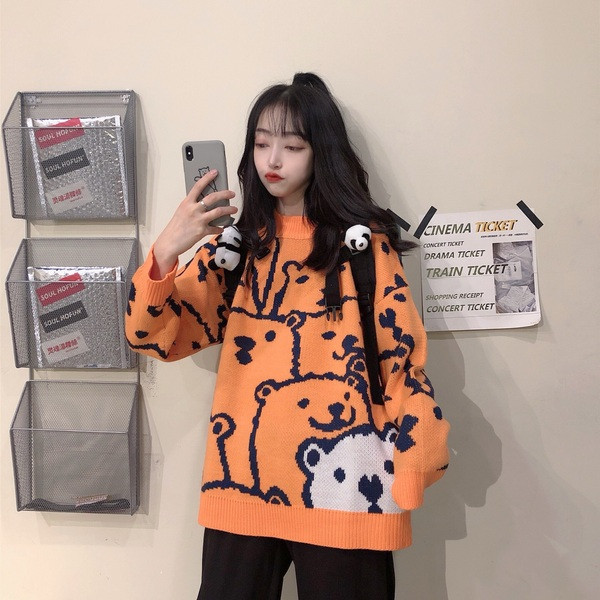 Bluza larga de dama de culoare portocalie cu guler pe jumatate inalt