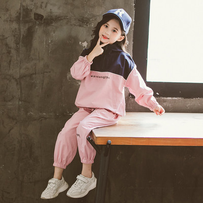 Нов модел спортен детски комплект блуза с качулка + панталон за момичета в два цвята