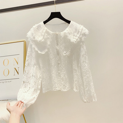 Модерна дамска дантелена риза с копчета в бял и черен цвят