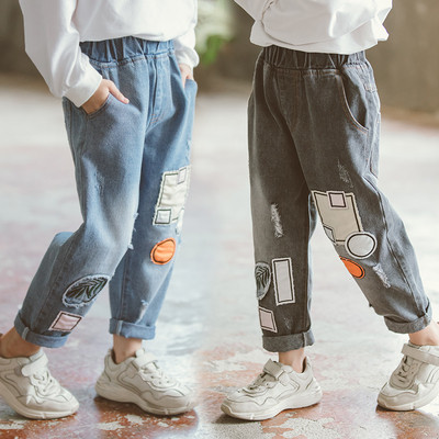 Нов модел детски дънки с джобове в син и сив цвят за момичета