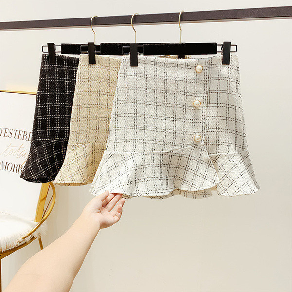 Дамска карирана пола с перли в три цвята