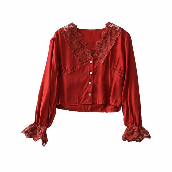 Модерна дамска риза в няколко цвята с дантела и V-образно деколте