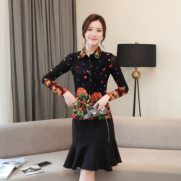 Модерна дамска риза в черен цвят с класическа яка и дълъг ръкав