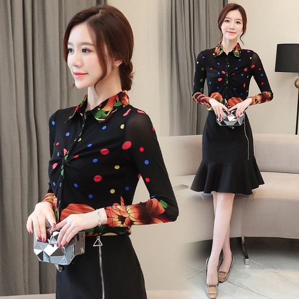 Модерна дамска риза в черен цвят с класическа яка и дълъг ръкав