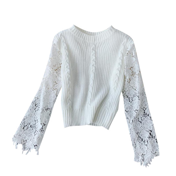 Дамски пуловер с дантелени ръкави в бял,черен и кафяв цвят 