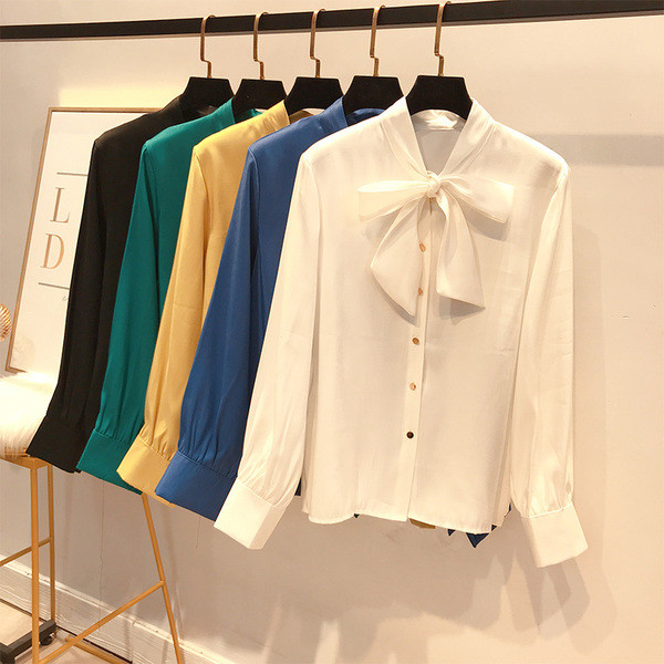 Стилна дамска риза с панделка и копчета в няколко цвята