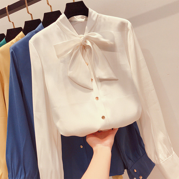 Стилна дамска риза с панделка и копчета в няколко цвята