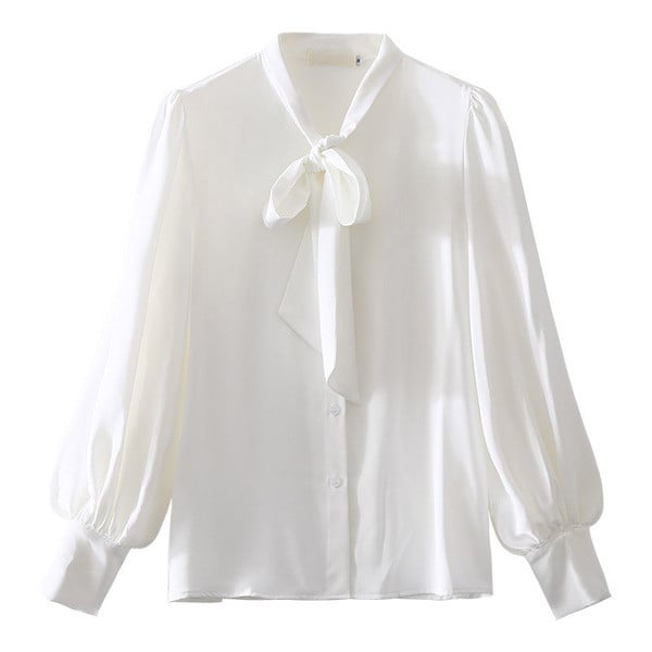 Модерна дамска риза с връзки и широки ръкави в бял и червен цвят