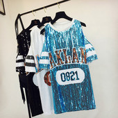 Дамска модерна тениска дълъг модел с пайети в няколко цвята