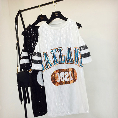 Дамска модерна тениска дълъг модел с пайети в няколко цвята