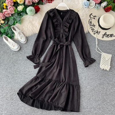 Ежедневна дамска рокля с дълъг ръкав и колан в три цвята