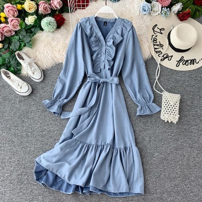 Ежедневна дамска рокля с дълъг ръкав и колан в три цвята