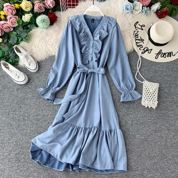 Ежедневна дамска рокля с дълъг ръкав и колан в три цвята