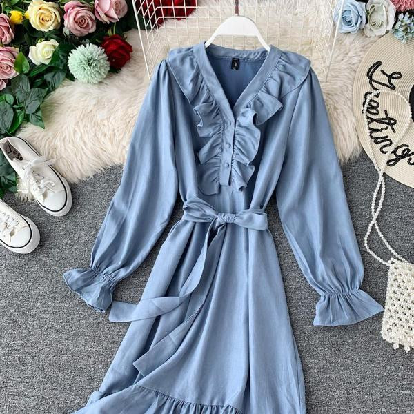 Ежедневна дамска рокля с дълъг ръкав и колан в три цвята