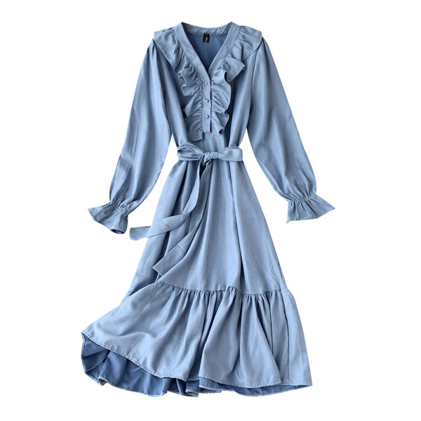 Ежедневна дамска рокля с дълъг ръкав и колан в три цвята