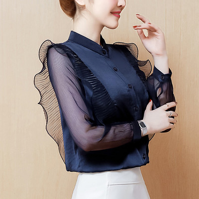 Стилна дамска риза в три цвята с дълъг ръкав и копчета