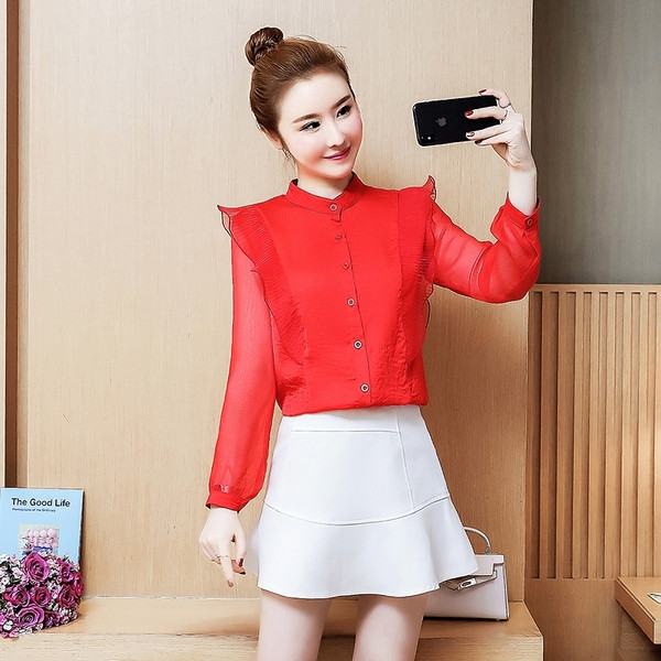 Стилна дамска риза в три цвята с дълъг ръкав и копчета