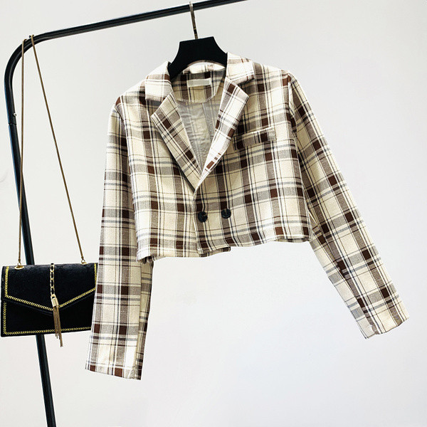 Дамско карирано сако-къс модел с V-образна яка 