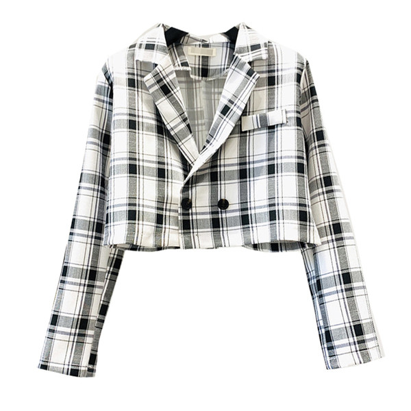 Дамско карирано сако-къс модел с V-образна яка 