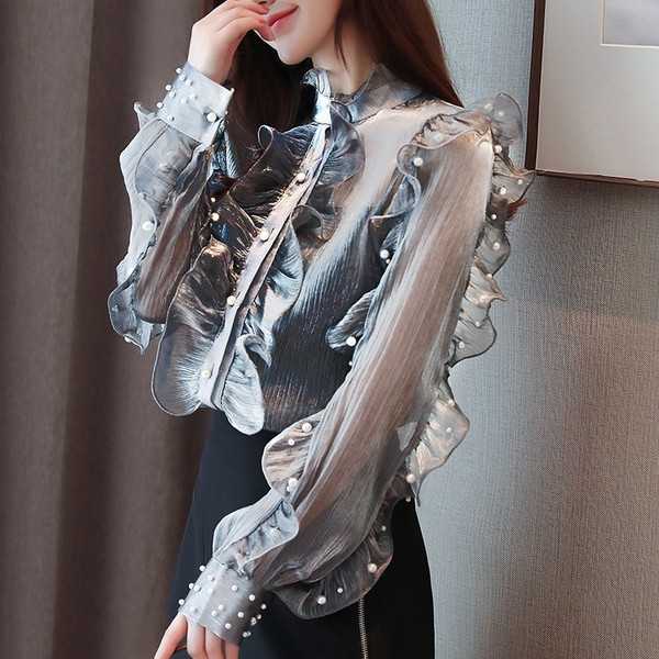 Стилна дамска риза в сив и черен цвят с перли