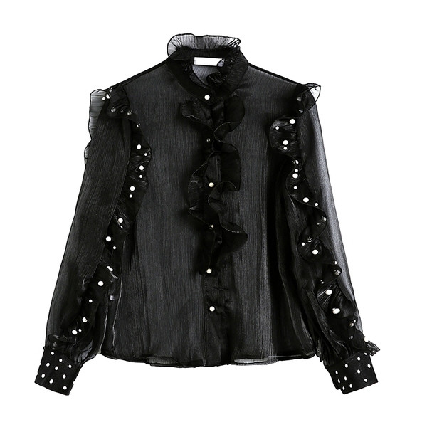 Стилна дамска риза в сив и черен цвят с перли