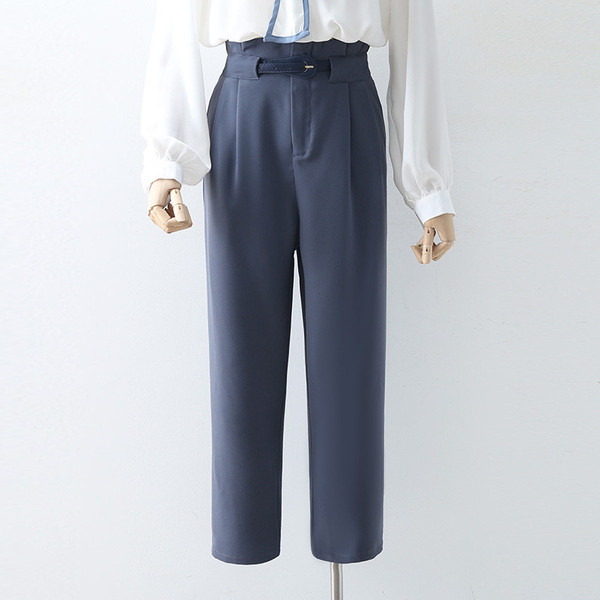 Нов модел стилен дамски панталон с колан в син и черен цвят