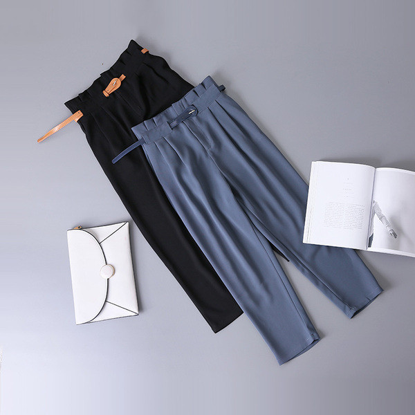 Нов модел стилен дамски панталон с колан в син и черен цвят