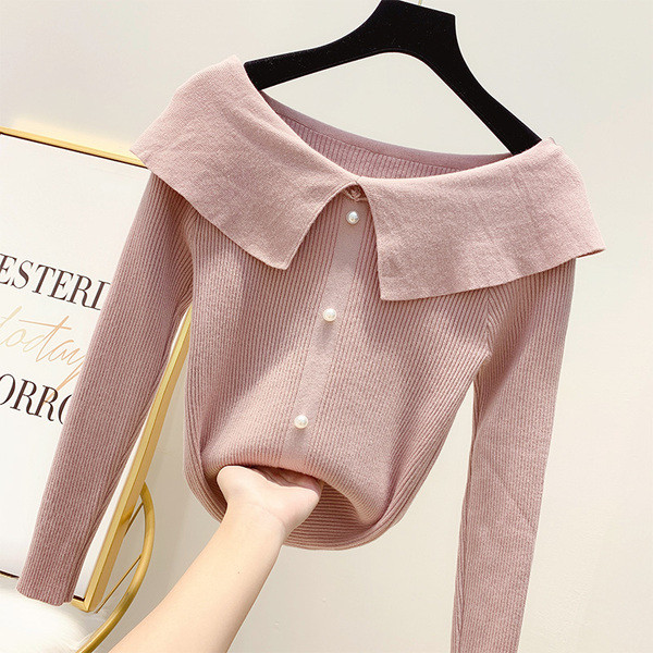 Дамски пуловер с перли и обло деколте в няколко цвята