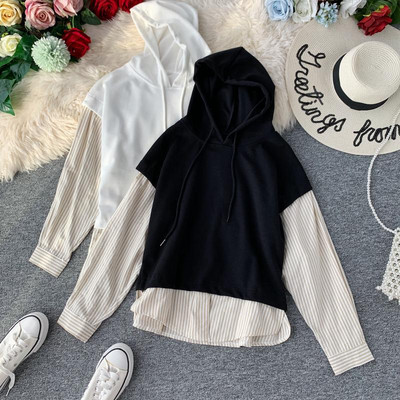 Hanorac de dama modern cu gluga si cravate in doua culori