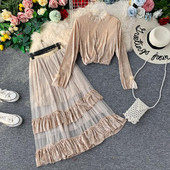 Модерен дамски комплект от кадифе с дълъг ръкав в три цвята