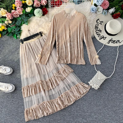 Модерен дамски комплект от кадифе с дълъг ръкав в три цвята