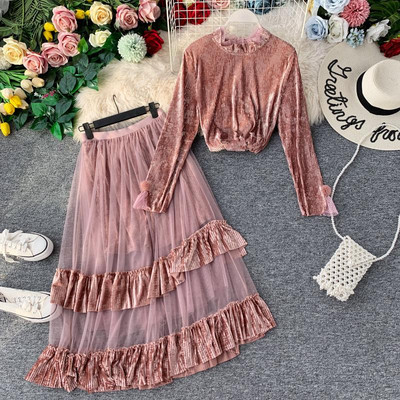 Модерен дамски комплект от кадифе с дълъг ръкав в три цвята