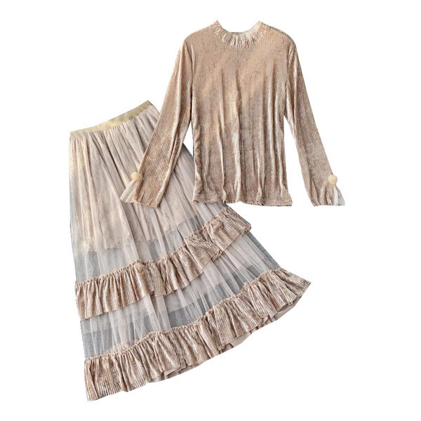 Модерен дамски комплект от кадифе с дълъг ръкав в три цвята