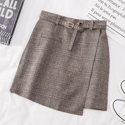 Карирана дамска пола с висока талия и колан в два цвята