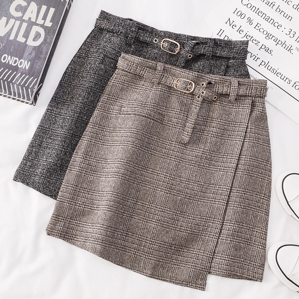 Карирана дамска пола с висока талия и колан в два цвята